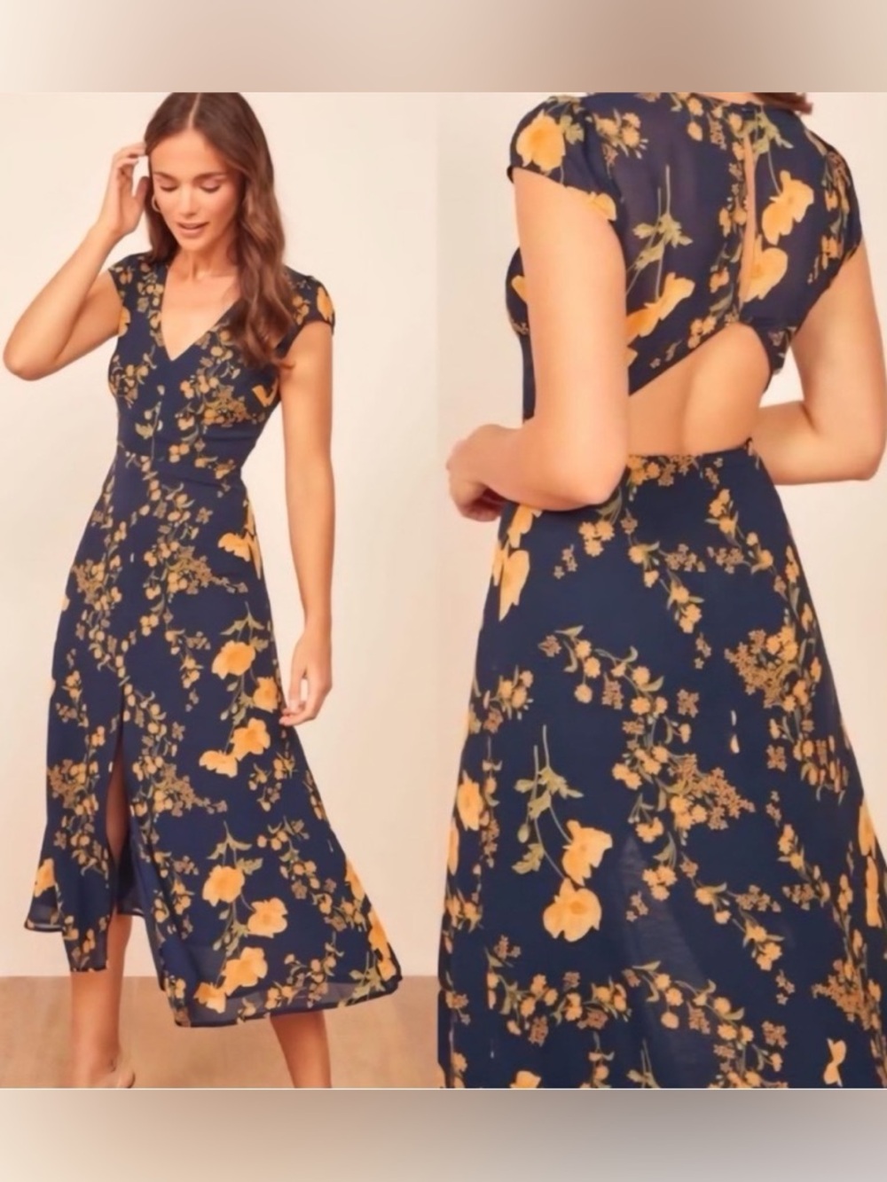 Reformation Wellfleet Bernadette Navy/Yellow Floral Midi Dress Size 8 - Like New